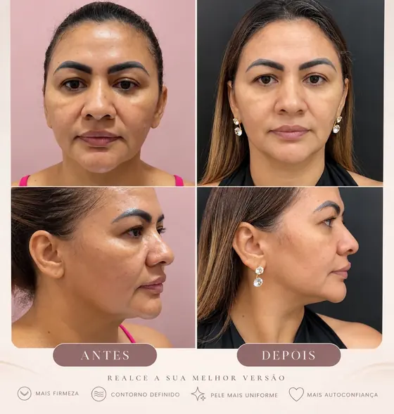 Ultrassom microfocado: antes e depois, frontal e perfil (mais firmeza e contorno definido)